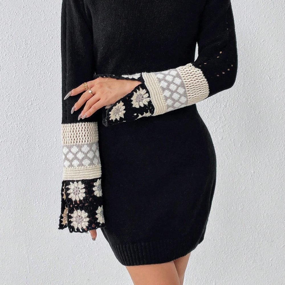 Black Preppy Womens Floral Crochet Turtle Neck Trumpet Sleeve Sweater Dress - Picture 5 of 5